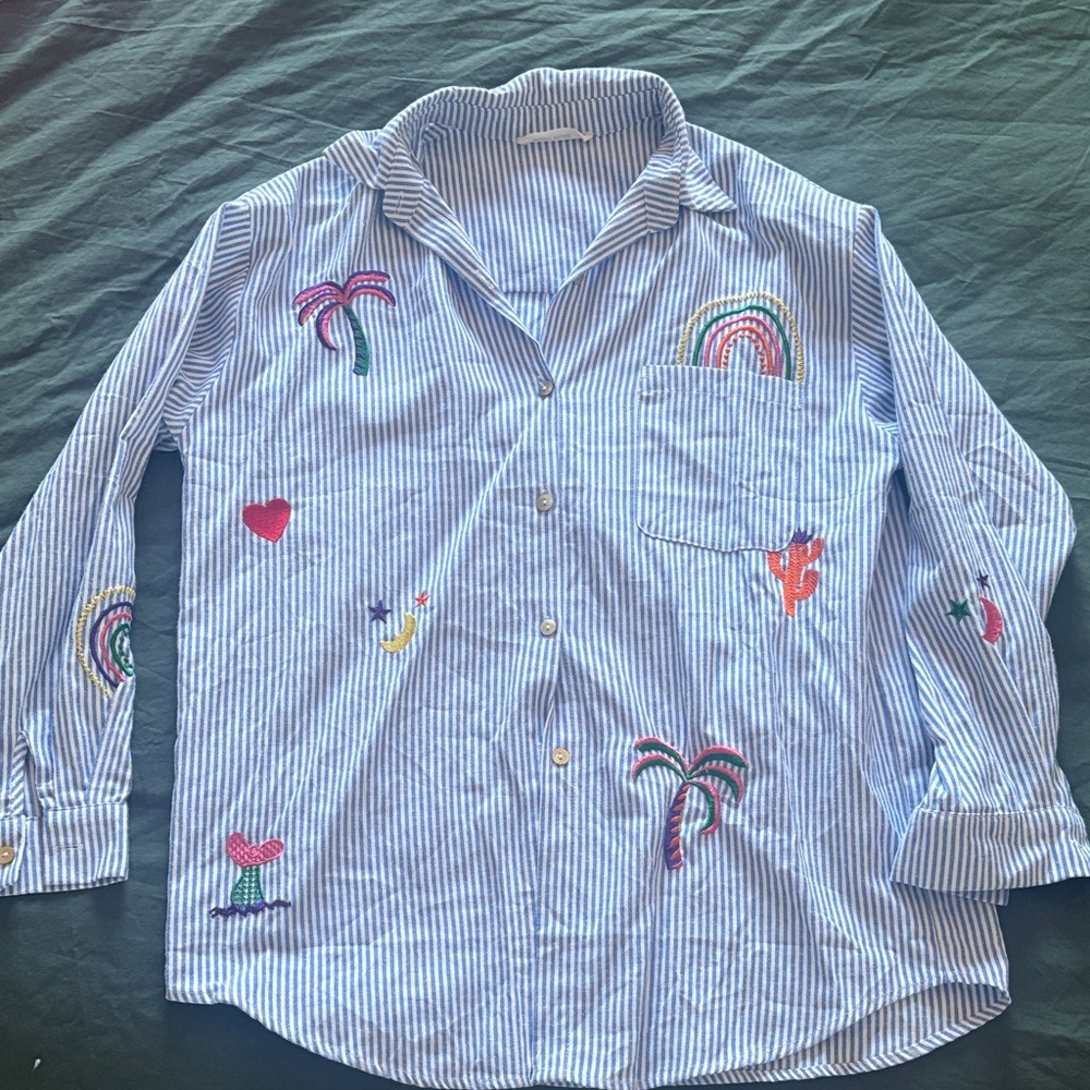 Striped Embroidered Blouse - Blue